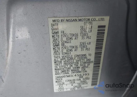 2005 Nissan Frontier Se z USA, uszkodzony, nr VIN 1N6AD07W65C456395